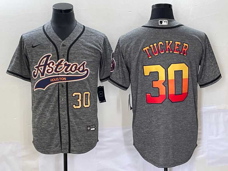 Men%27s Houston Astros #30 Kyle Tucker Number Grey Gridiron Cool Base Stitched Baseball Jersey